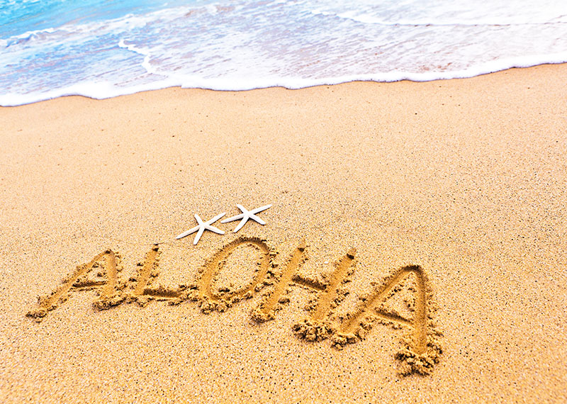 Aloha written in the sand on a beach